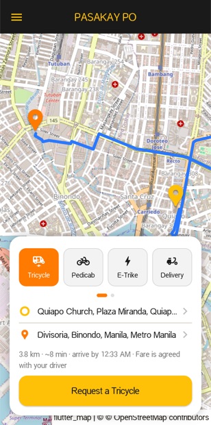 Booking screen showing a tricycle trip from Quiapo Church to Divisoria with the route drawn on the map