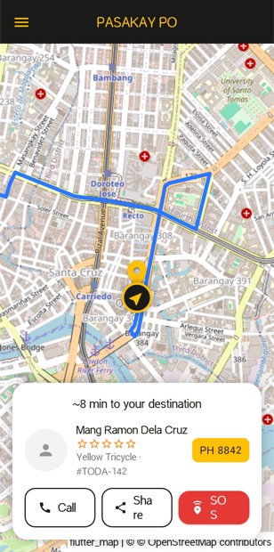 Ride in progress showing time to destination and the red SOS button